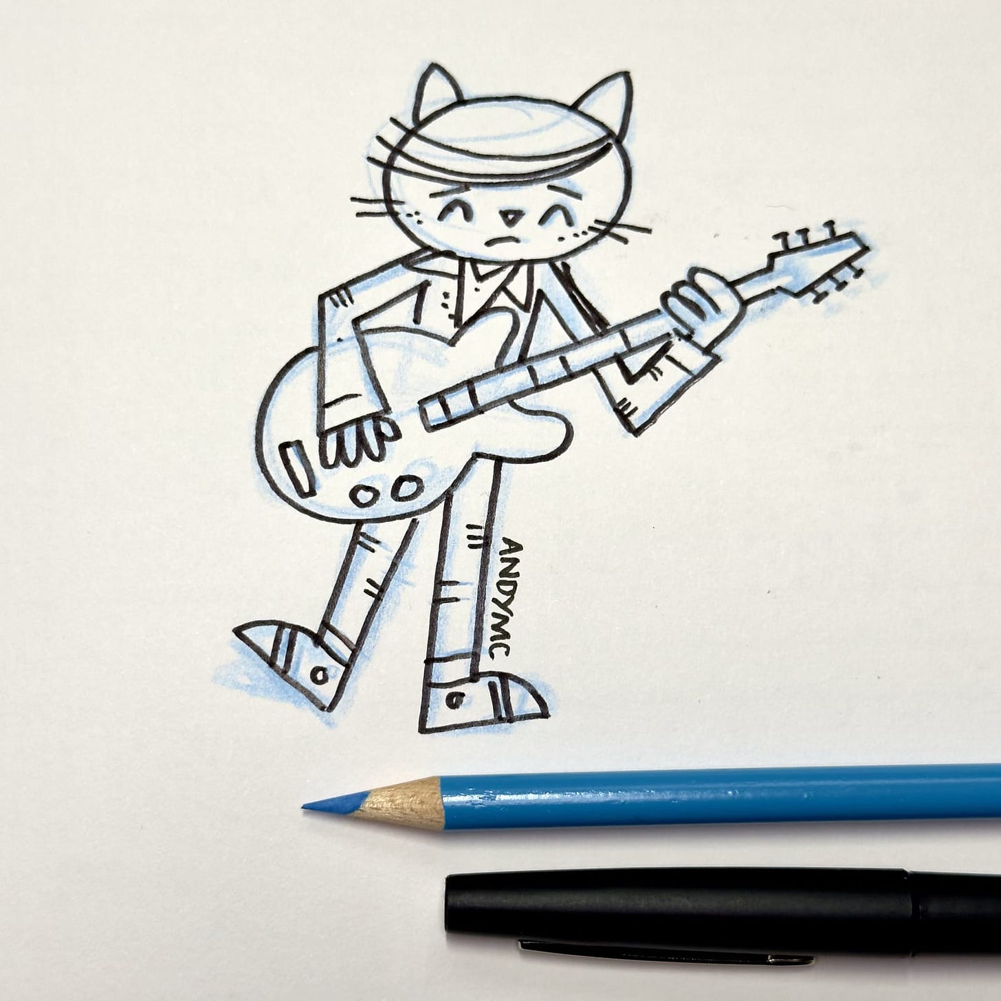 another sketch of a cartoon cat playing a guitar