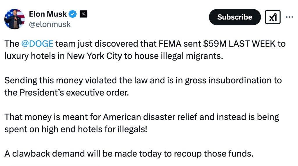 Screenshot of Elon Musk's social media post criticizing FEMA for sending funds to luxury hotels in New York City