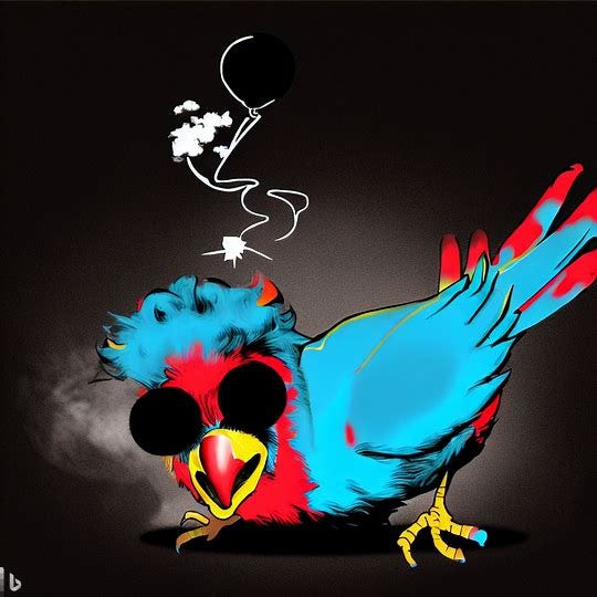 The Twitter logo bird wearing a clown wig, and it has an injured black eye and falling from the sky with a trail of smoke behind it like a world war 2 plane. 