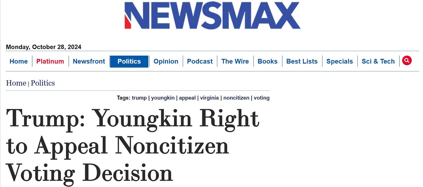 Newsmax headline dated October 28, 2024, with the title: 'Trump: Youngkin Right to Appeal Noncitizen Voting Decision.' This article is in the Politics section, tagged with keywords like Trump, Youngkin, appeal, Virginia, noncitizen, and voting.