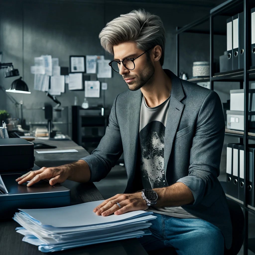 A very hip early 40s accountant with platinum blonde hair, wearing stylish glasses and a trendy, casual outfit. He sits at a sleek desk with stacks of papers and documents, actively transitioning to a digital workspace. The accountant has a focused and determined expression, scanning documents using a scanner, with a laptop open displaying digital organization software. He wears a casual blazer over a graphic t-shirt, and jeans instead of dress pants. The background features modern, minimalist office decor with sleek filing cabinets, shelves with binders, and a whiteboard with scribbled notes. The lighting is soft, adding a professional yet relaxed ambiance.