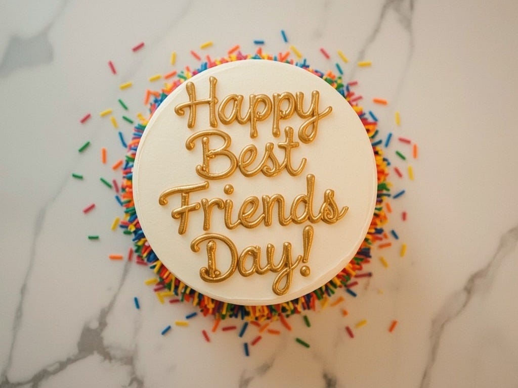 A vibrant and colorful rainbow layer cake sits centered on a polished white marble table, viewed from directly above, with the words "Happy Best Friends Day!" written in bold, cursive, golden script across the top of the cake in a flowing, playful manner, surrounded by sprinkles in every color of the rainbow, with a few stray sprinkles scattered around the table, and the marble table itself having a subtle grey veining, with the overall lighting being soft and warm, evoking a sense of joy and celebration.