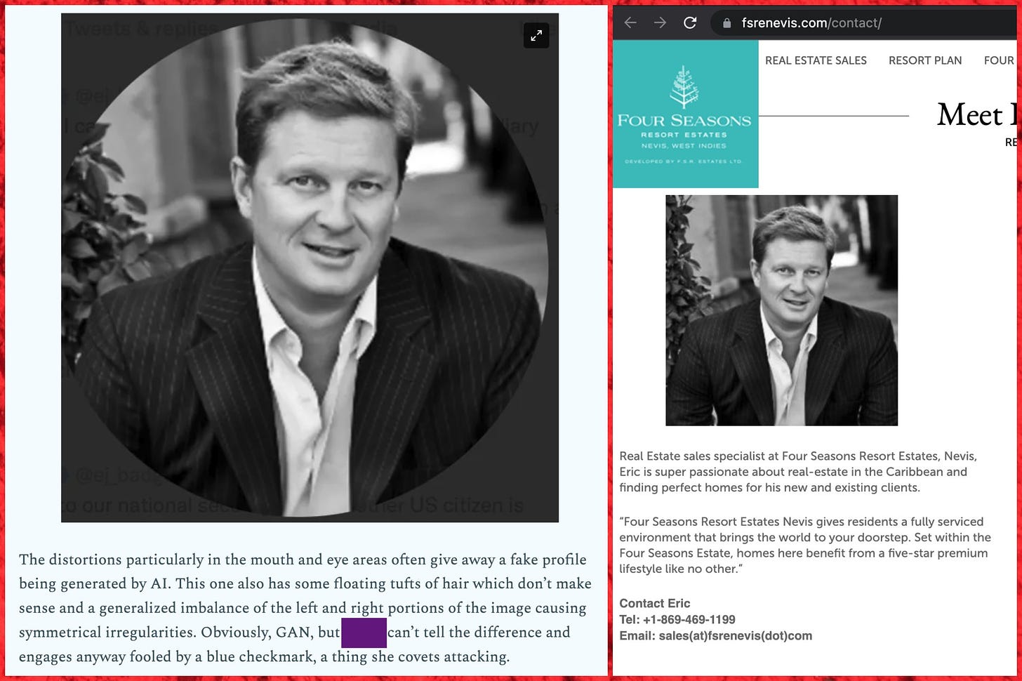 screenshot of a Steven Jarvis blog post falsely claiming an photo of a realtor is AI-generated, and screenshot of the source of the very real photo