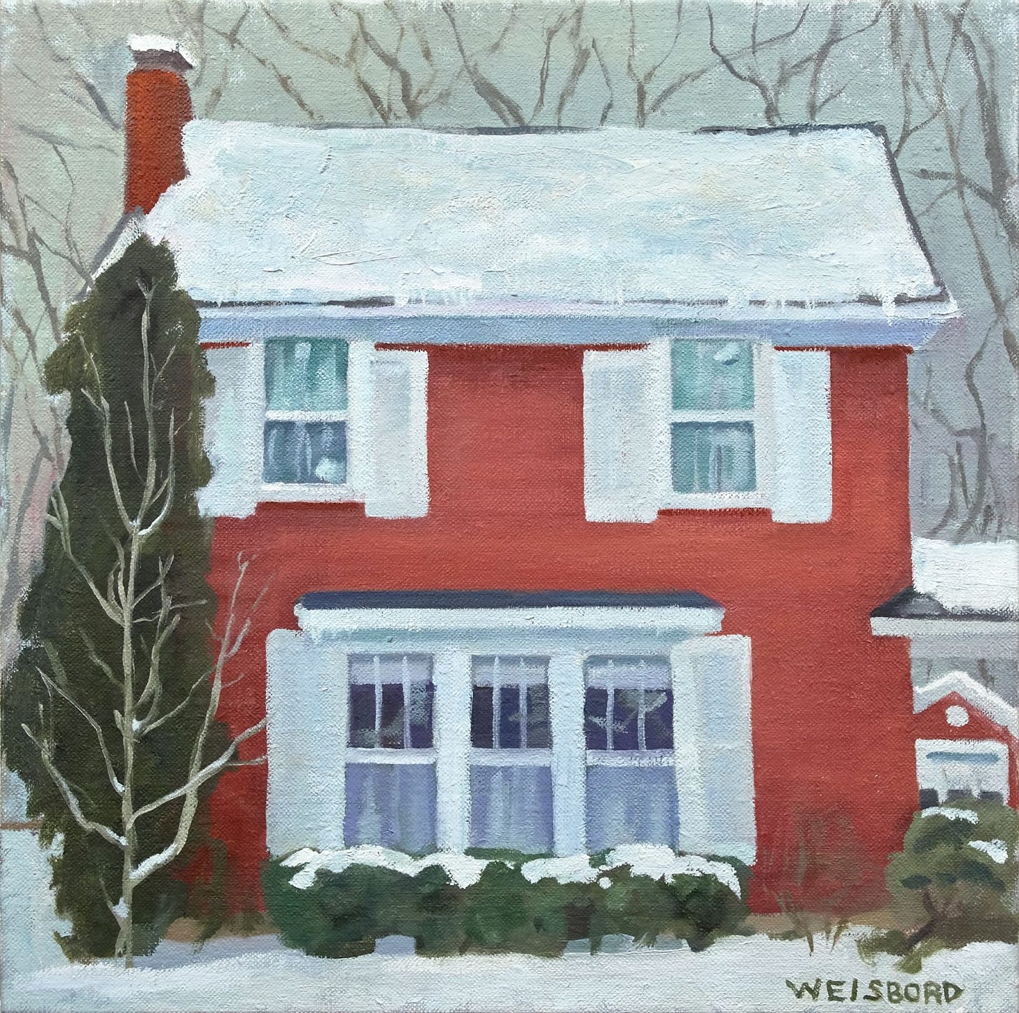 A red New England-style farmhouse with white shutters and snow on the roof is haloed by a pattern of branches against a grey sky. 