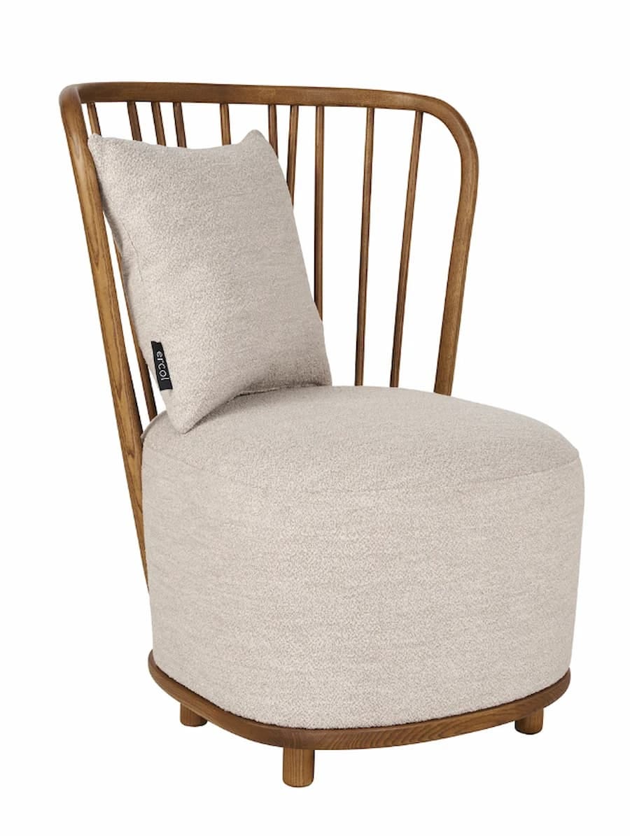 steam bent back bow chair in wood with grey cushions