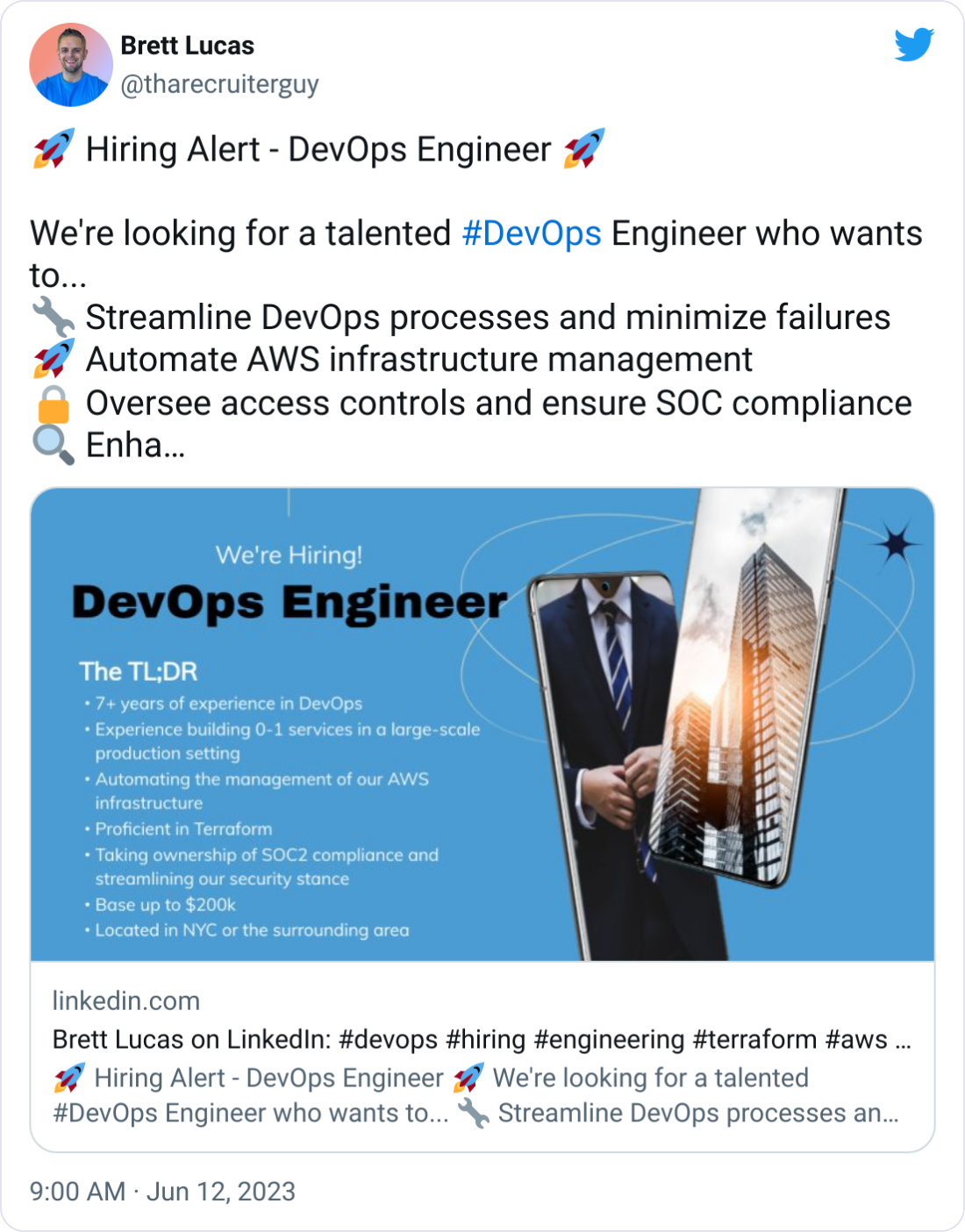 Brett Lucas @tharecruiterguy 🚀 Hiring Alert - DevOps Engineer 🚀  We're looking for a talented #DevOps Engineer who wants to... 🔧 Streamline DevOps processes and minimize failures 🚀 Automate AWS infrastructure management 🔒 Oversee access controls and ensure SOC compliance