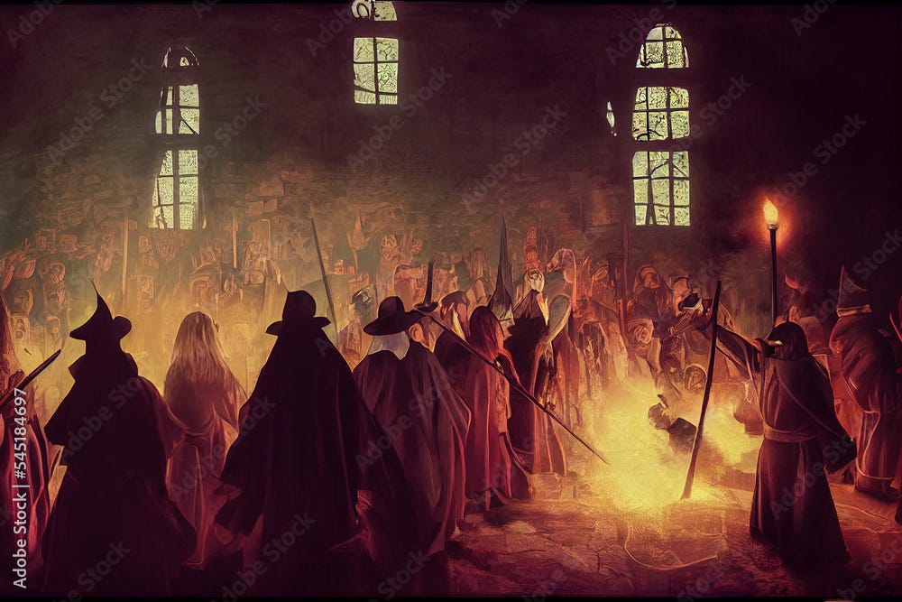 Salem witch trials in colonial Massachusetts. Persecutions and burning at stake of devil ...