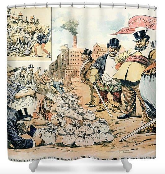 A shower curtain featuring old political cartoons of robber barons.