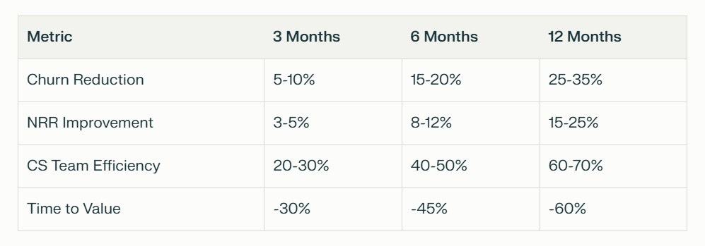 Customer Success Platform performance metrics table showing improvements in churn reduction, NRR, team efficiency, and time to value over 3-12 months