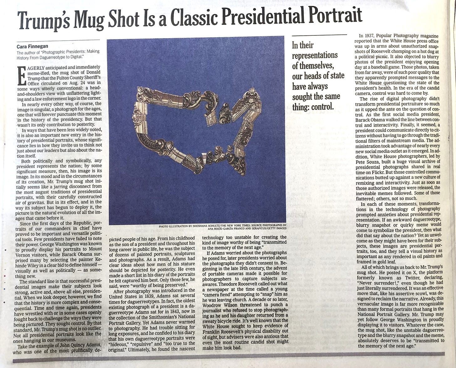 Photo of my op ed as it appeared in print in the New York Times, headline "Trump's Mug Shot is a classic presidential portrait"