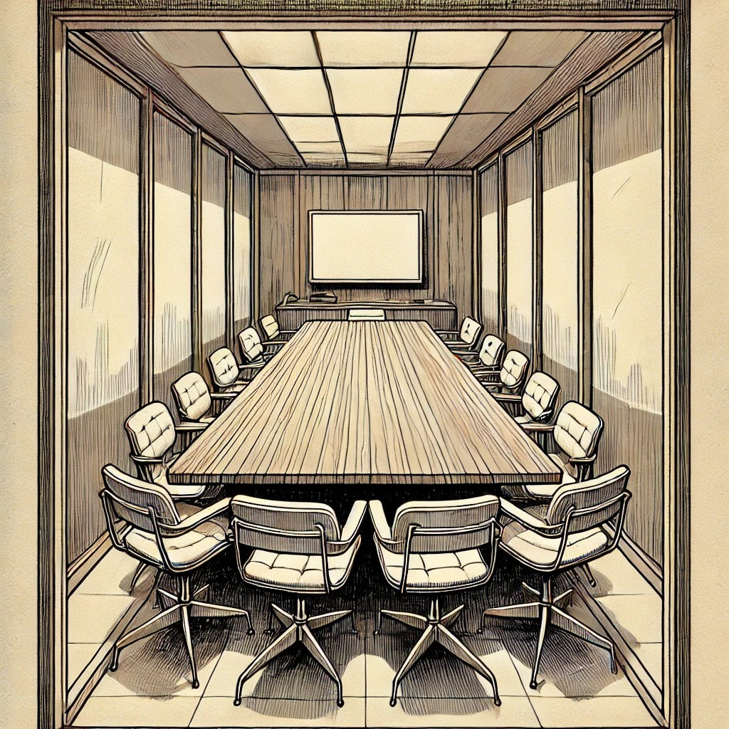 A 1950s style inked illustration depicting an oversized wooden table inside a very narrow meeting room with a screen on the back wall. The table is much too large for the space, with more than 10 minimalist chairs tightly arranged around it, including one at the head of the table. The glass walls are positioned very close to the chairs, giving the room a cramped, claustrophobic feel. The design of the table, chairs, and screen is minimalist, with clean and simple lines. The illustration features vintage ink lines and soft shading typical of mid-century artwork, with a muted color palette to evoke the nostalgic aesthetic of 1950s illustrations. The room's tightness and the exaggerated closeness of the elements create a sense of confinement.