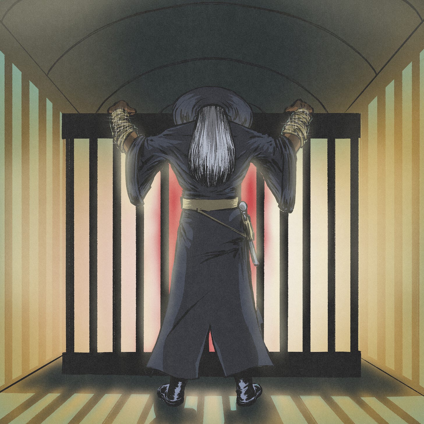 An illustration of a mage trying to strengthen the bars of a cage by magical means.
