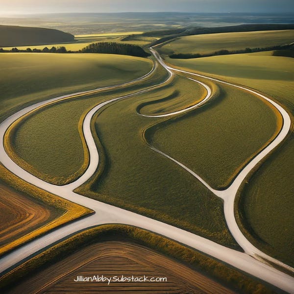 An AI generated image of curving white roads through a green countryside that start and end at the same point.