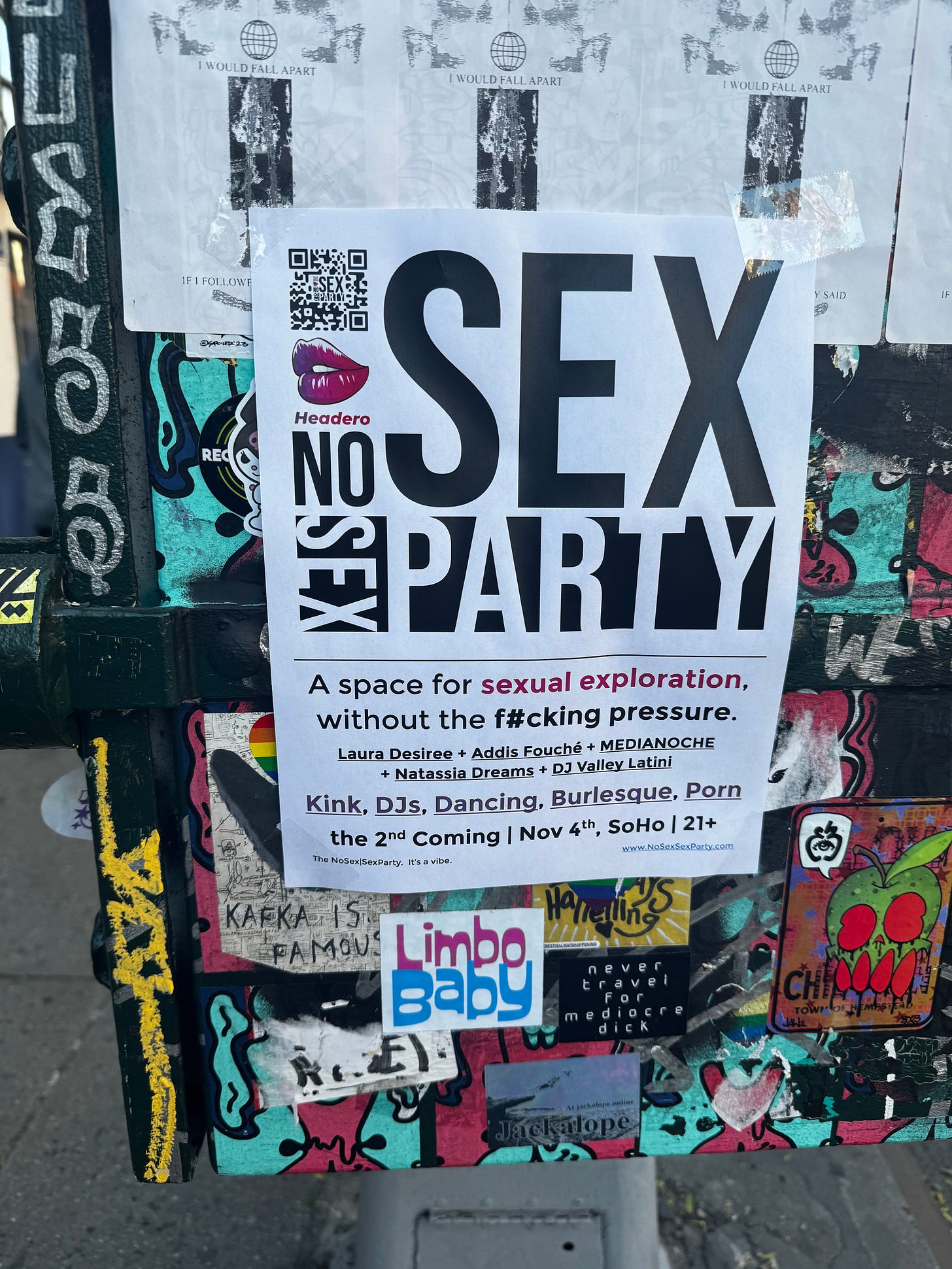 A poster in NYC for an event called a "No Sex Sex Party"