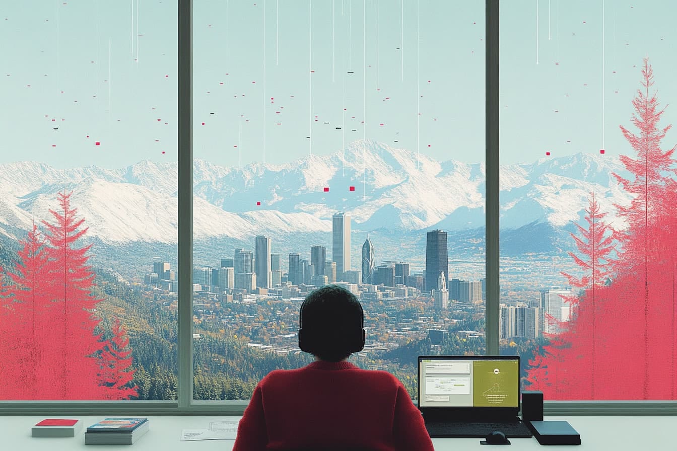 a person at a desk with a laptop looking out a large window at a city