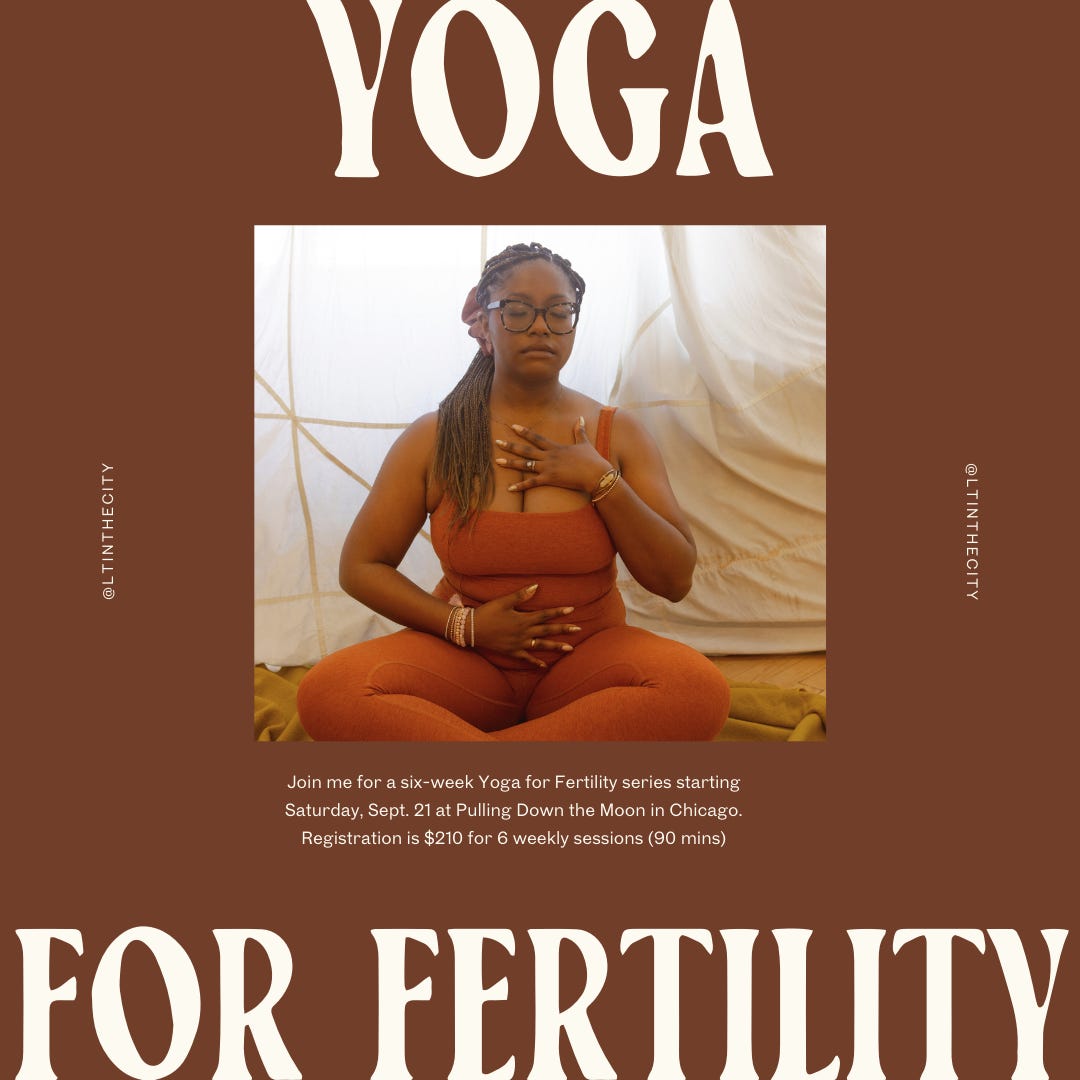 Graphic promoting Yoga for Fertility series with L'Oreal Thompson Payton at Pulling Down the Moon in Chicago