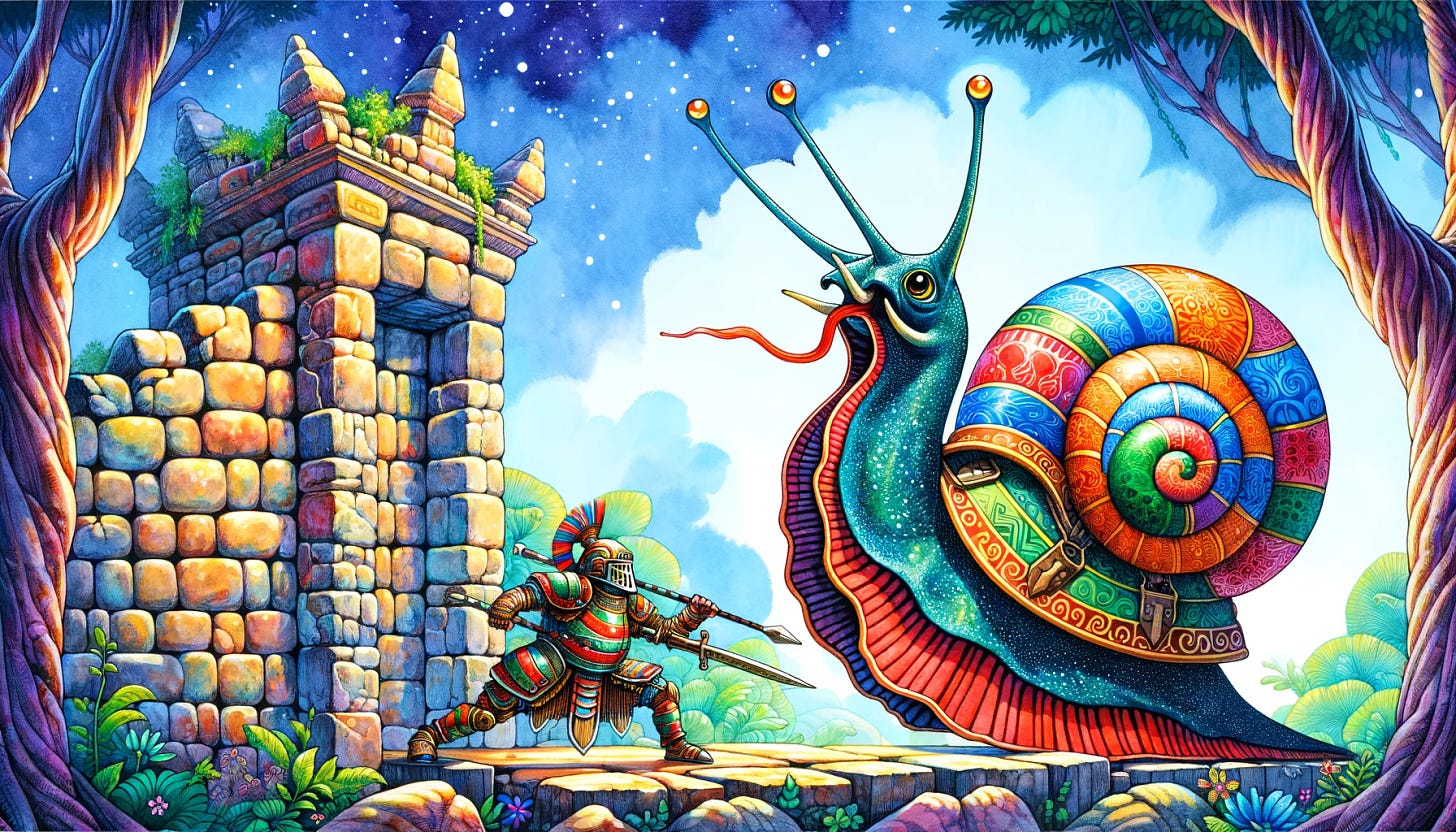 An image of a giant battle snail fighting against a stone wall, depicted in a colorful, whimsical style typical of children's book illustrations