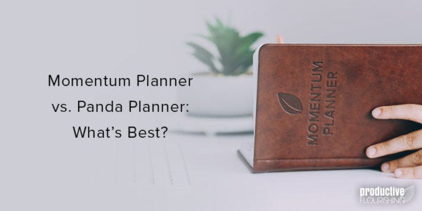 Person holding a Momentum Planner on a desk. Text overlay: Momentum Planner vs. Panda Planner: What’s Best?