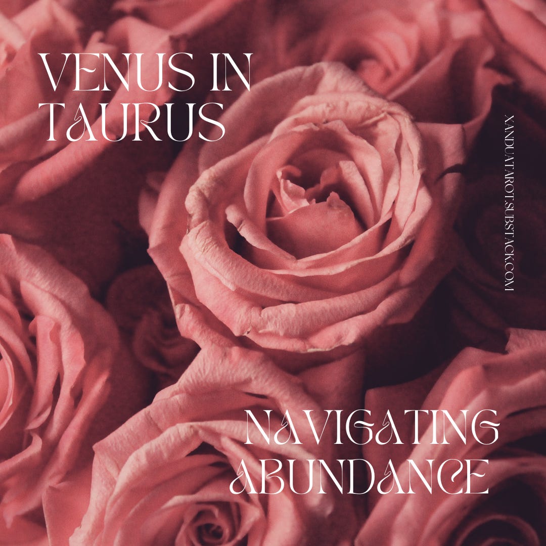 Pink Roses in the background, in the foreground text reads "Venus in Taurus. Navigating Abundance. xanduatarot.substack.com"