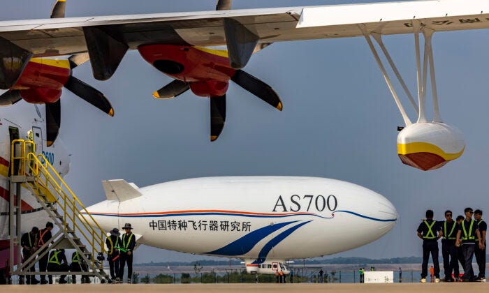 Chinese home-made airship AS700 takes off for a test flight at Jingmen Zhanghe Airport in Jingmen, Hubei Province of China, on Sept. 16, 2022. (Shen Ling/VCG via Getty Images)