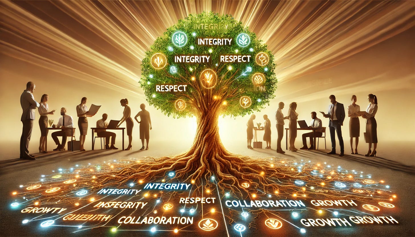 An artistic and professional horizontal image symbolizing the importance of values being identified and visible. The image features a glowing tree with its roots and branches labeled with key values such as integrity, respect, collaboration, and growth. The roots represent the foundation of these values, while the branches reaching upward symbolize their impact and visibility in action. Around the tree, diverse individuals are working together, collaborating, or standing proudly, showcasing how shared values guide actions and decisions. The background is bright and inviting, with a gradient of warm natural tones to emphasize harmony, connection, and purpose. The horizontal layout allows for a wide view of the scene, enhancing the visual storytelling.