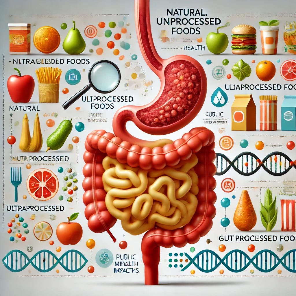 A professional medical illustration depicting the impact of ultraprocessed foods on health. The image features a stylized representation of a human digestive system, with a contrast between natural, unprocessed foods (such as fresh fruits and vegetables) and ultraprocessed foods (like fast food and packaged snacks). A modern, clean aesthetic highlights the differences, using warm colors like orange, yellow, and soft red to create a positive and engaging tone. Icons representing key research themes—such as a magnifying glass over food labels, a DNA strand symbolizing health impacts, and a simplified gut microbiome illustration—enhance the viewer's understanding. The design conveys innovation and public health awareness, avoiding unsettling elements while maintaining clarity and focus.