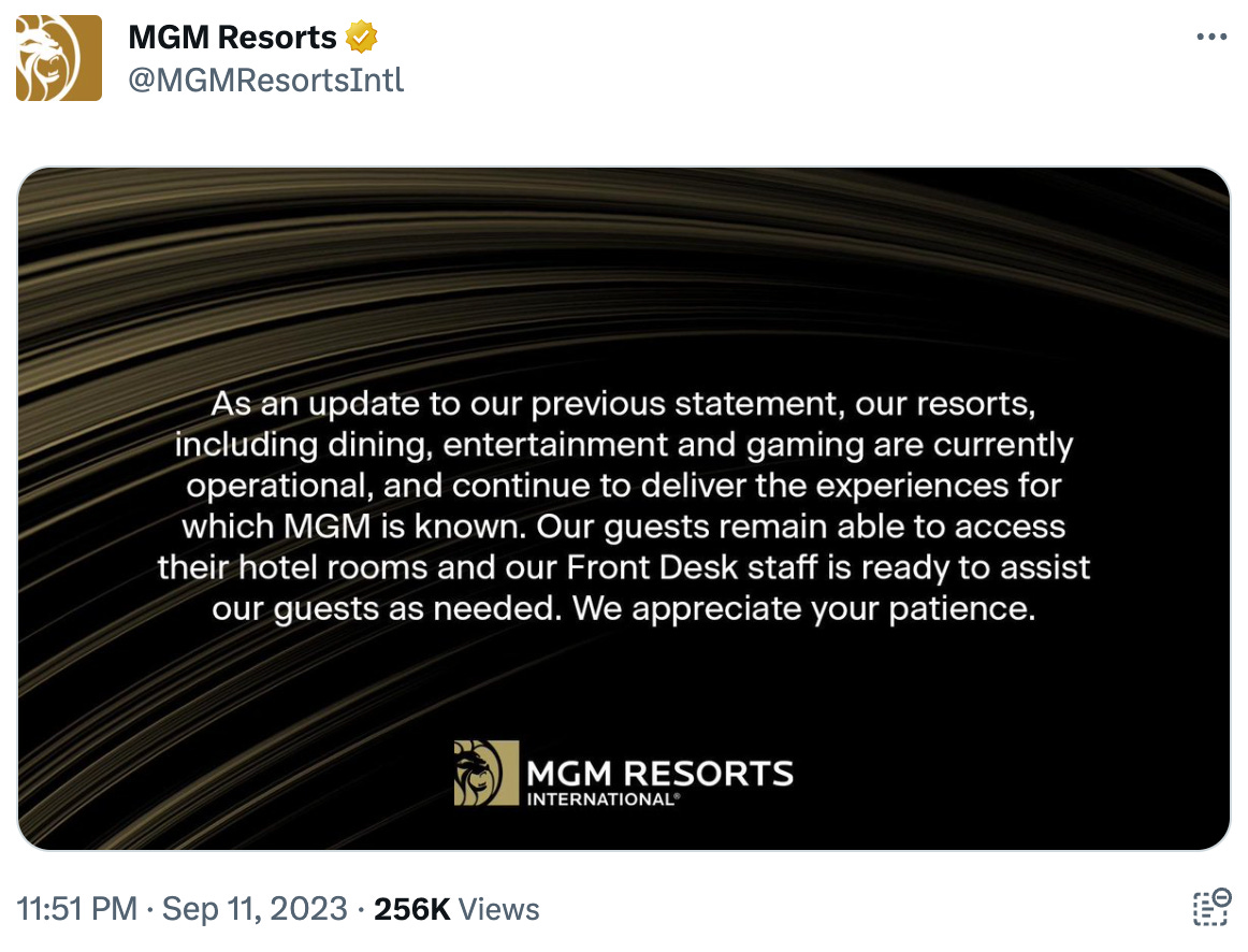 MGM Resorts stating they were fully operational