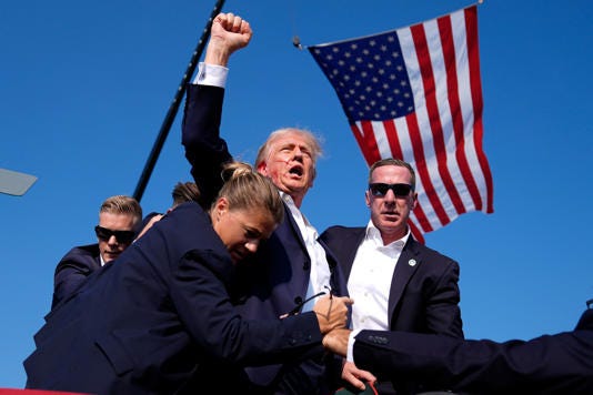 Trump appeared to be bleeding from the ear when he was escorted off stage following loud pops that rang out during a rally in Pennsylvania. Evan Vucci