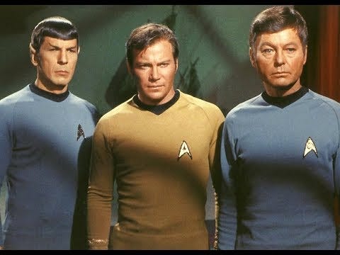 A screencap of Spock, Kirk and Bones from Star Trek: the Original Series