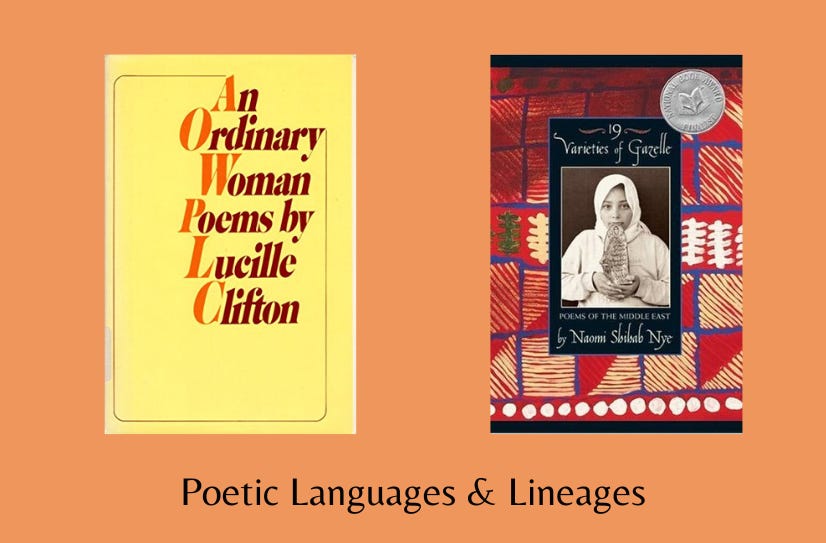 Small cover images of the two books above the text ‘Poetic Languages & Lineages’ on an orange background.
