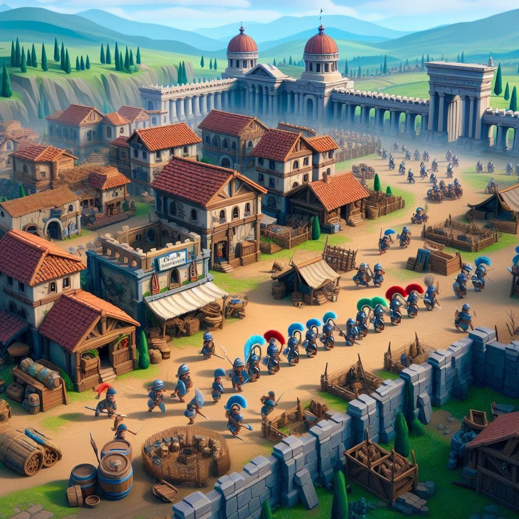 A cartoonish village in Rome with barracks, marketplace, and other video game elements, and a large enemy army approaching from the distance. The shot is from behind the village walls.