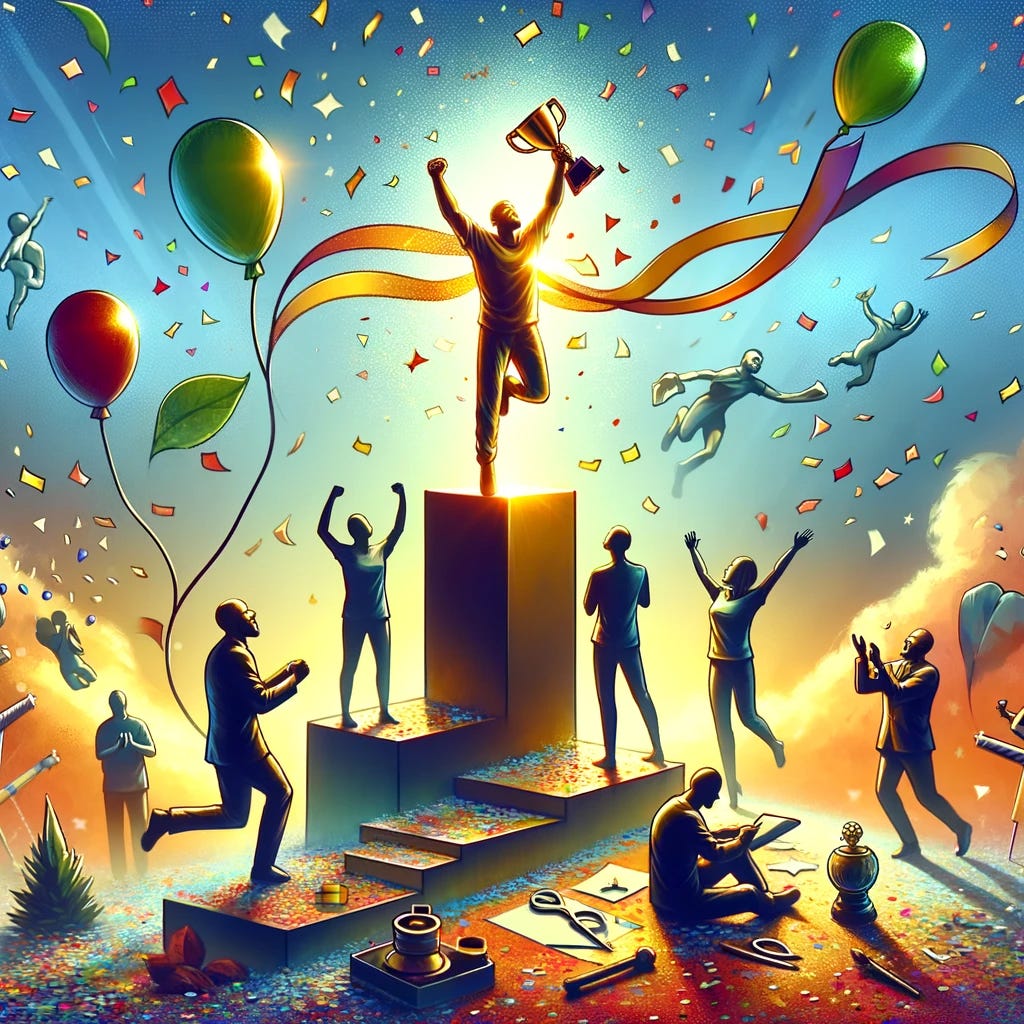 Create an artistic image that symbolizes the celebration of small wins. Depict a joyful and triumphant figure or a group of people celebrating a modest but significant achievement. The scene can include elements like confetti, balloons, or a small trophy, representing the concept of finding joy and satisfaction in minor victories. The image should convey a sense of accomplishment, happiness, and the positive impact of recognizing and valuing the small steps towards larger goals. The overall atmosphere should be uplifting and encouraging, highlighting the importance of appreciating the journey and not just the destination.