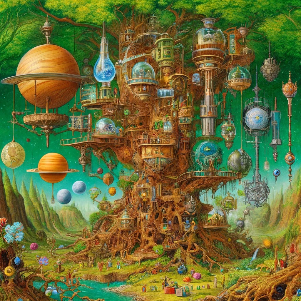 A colorful science fantasy landscape featuring a 'world tree' central to its composition, inspired by the detailed style of J.R.R. Tolkien's illustrations. The tree is vibrant, with green sprawling branches that house various scientific elements like golden telescopes, silver observatories, and bronze hanging laboratories. The landscape is enriched with lush green foliage, intricate brown root systems, and small figures in colorful clothing exploring the environment. The artwork blends organic and architectural features, creating a surreal yet harmonious scene reminiscent of an epic fantasy illustration.