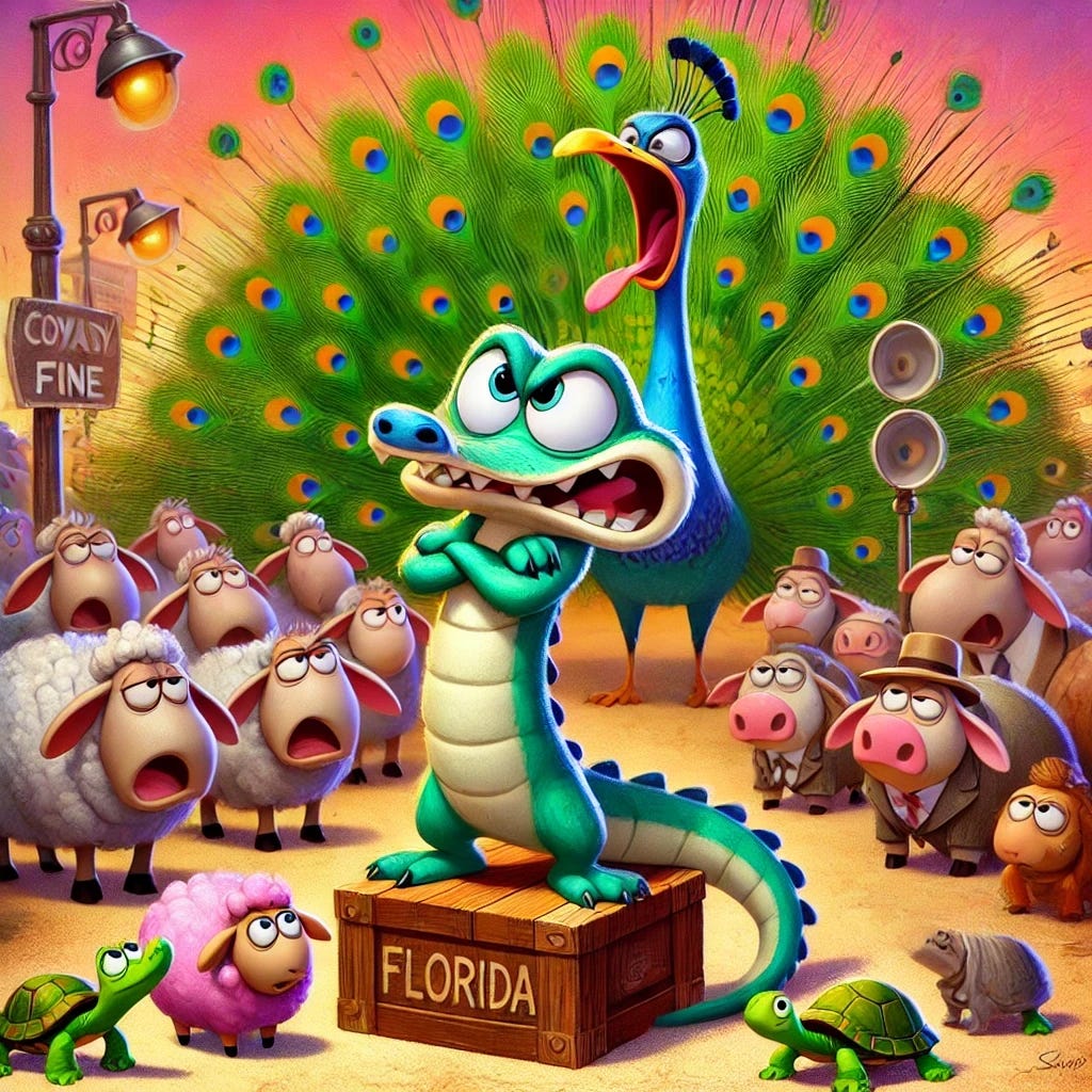 A Pixar-style cartoon illustration featuring Croaky, a small, cute anthropomorphic gator, standing in the foreground with his arms crossed and an annoyed expression, clearly frustrated. The background has been simplified and streamlined to remove extra chaotic elements, focusing on Croaky's expression and stance as the central figure. The vibrant colors and polished, humorous Pixar-Disney aesthetic remain, emphasizing Croaky's exasperated but determined demeanor.