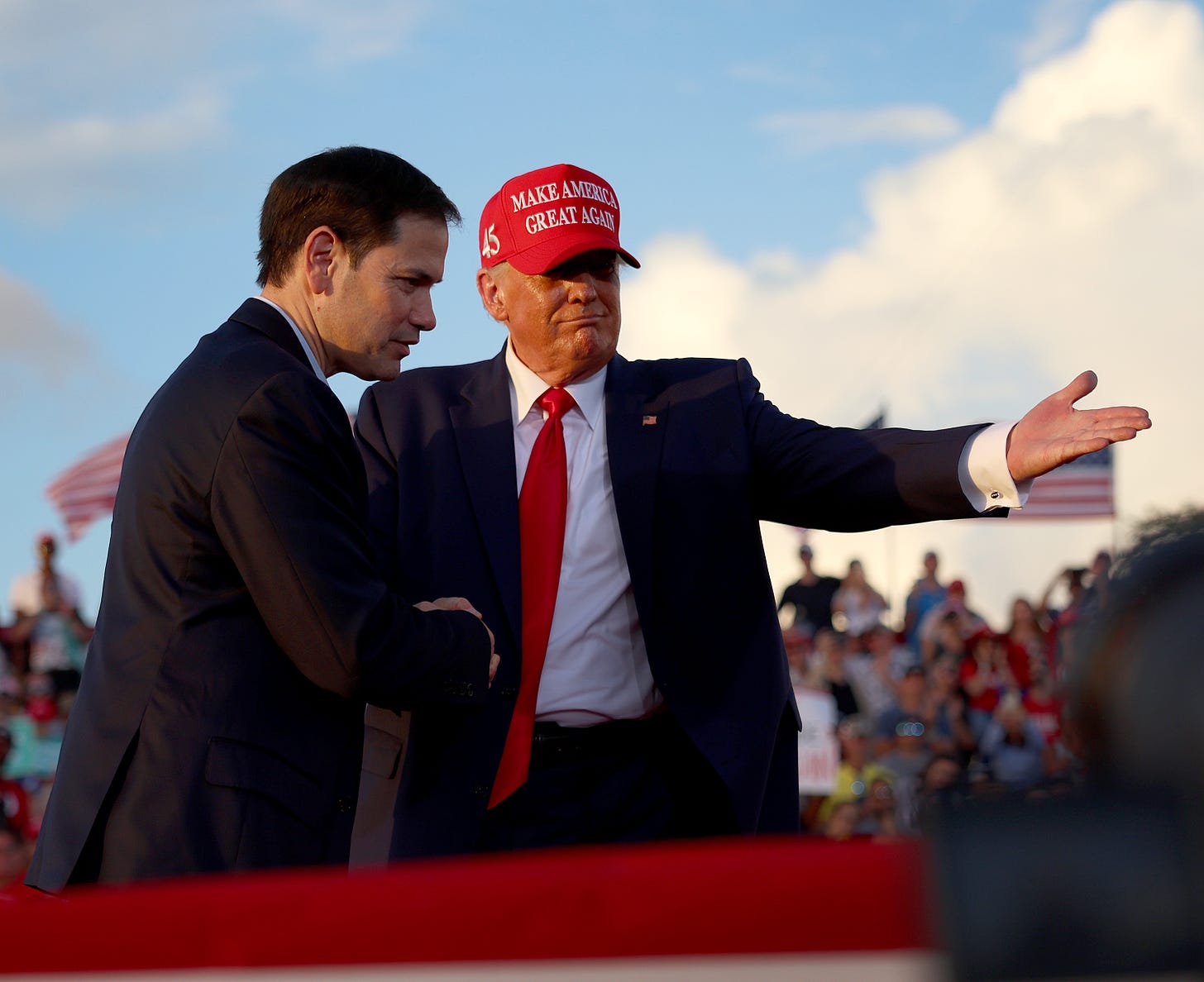 (Trump invites Sen. Marco Rubio to speak during a rally at the Miami-Dade County Fair and Exposition on Nov. 6, 2022, in Miami, Florida. Photo by Joe Raedle/Getty Images)