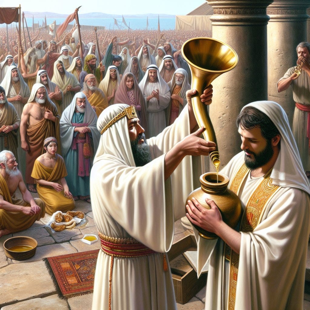 1 Kings 1:39 - "And Zadok the priest took an horn of oil out of the tabernacle, and anointed Solomon. And they blew the trumpet; and all the people said, God save king Solomon."