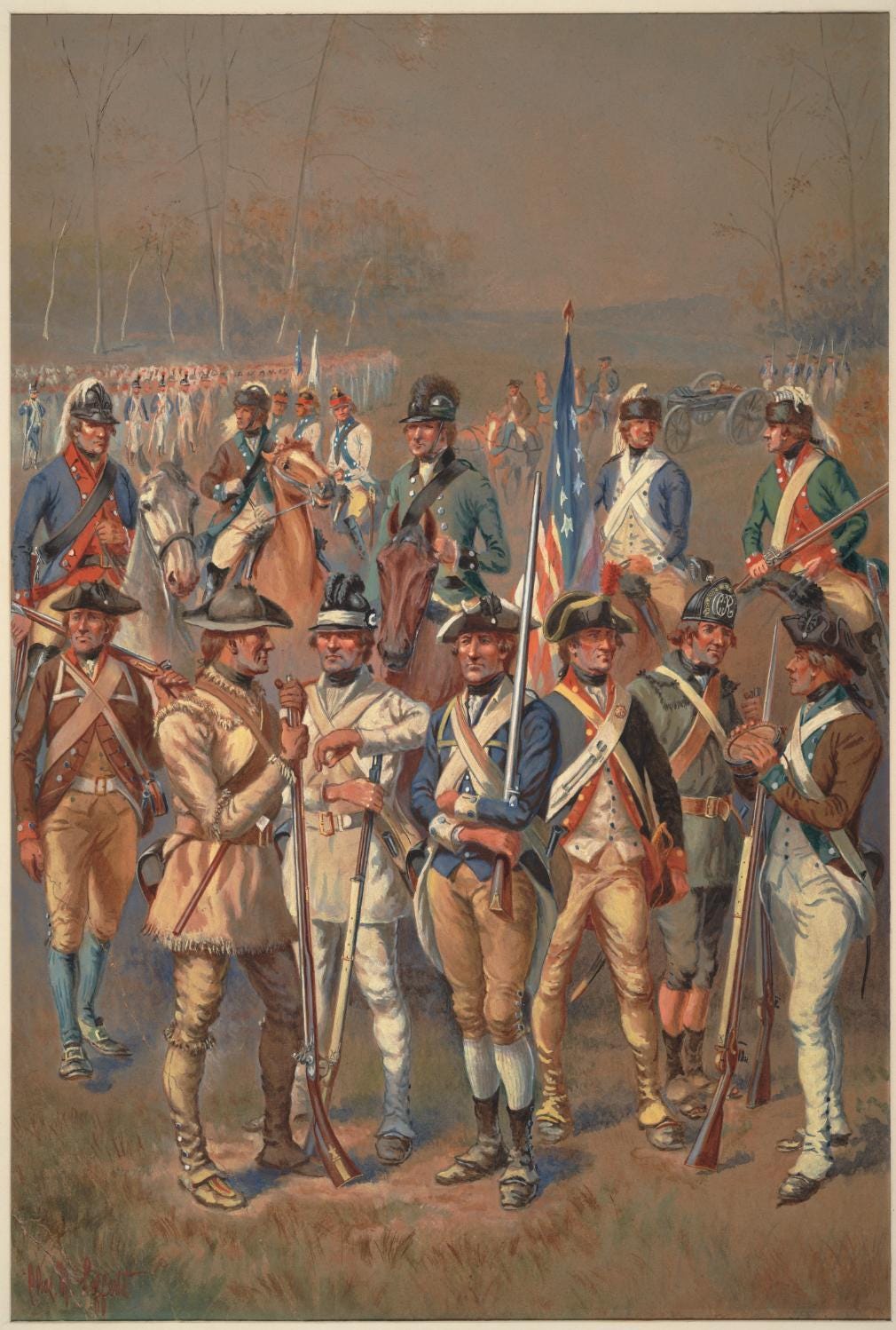 A watercolor painting of Continental Army soldiers, by Charles M. Lefferts 