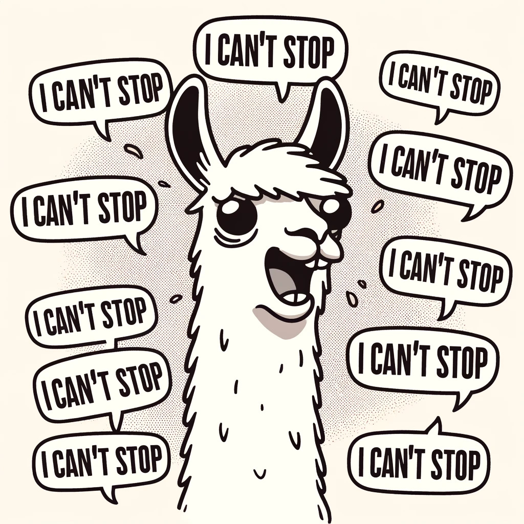 A cartoon-style illustration of a llama repeating the phrase 'I can't stop' endlessly. The llama should have a humorous and slightly frantic expression, with speech bubbles or text surrounding it to show the repeated phrase. The background can be simple to keep the focus on the llama and its repetitive speech.