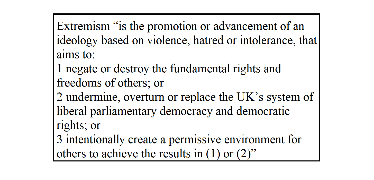 Extremism is the promotion or advancement of an ideology based on violence, hatred or intolerance, that aims to: 1 negate or destroy the fundamental rights and freedoms of others; or 2 undermine, overturn or replace the UK’s system of liberal parliamentary democracy and democratic rights; or 3 intentionally create a permissive environment for others to achieve the results in (1) or (2).