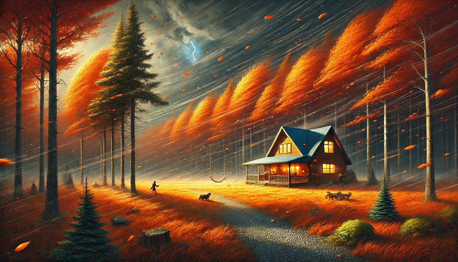 A stormy scene over a flat, bright orange autumn forest. The wind sweeps leaves off the branches, creating a flurry of motion. A cozy wooden house with warm glowing lights is visible through the forest. A gravel trail winds gently from the flat ground of the porch through the woods. A rope swing hangs from one of the trees, swaying slightly in the wind. On the porch, a little boy and his dog play, creating a cozy contrast to the dynamic and slightly eerie stormy atmosphere. The sky is dark with swirling clouds and flashes of light.