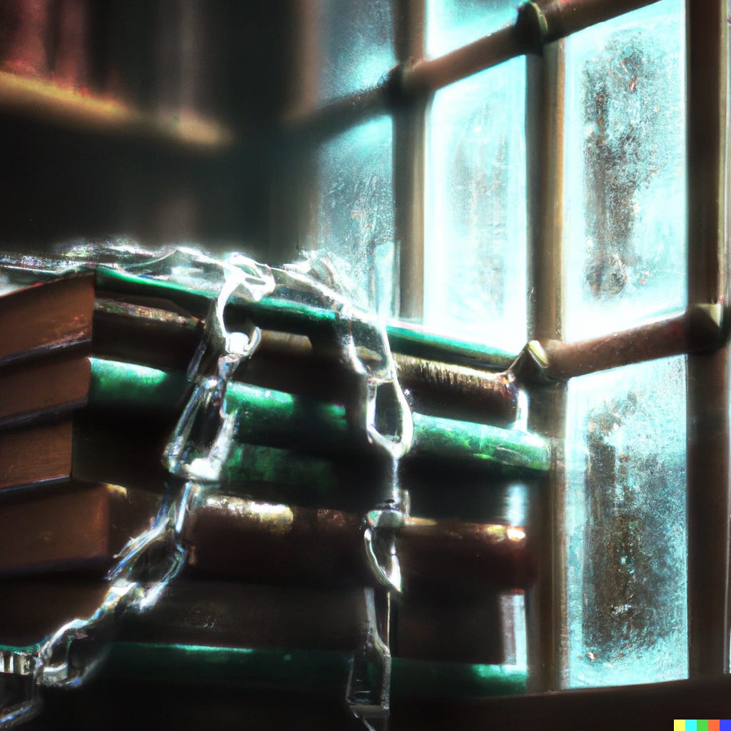 illustration of books chained together near a library window