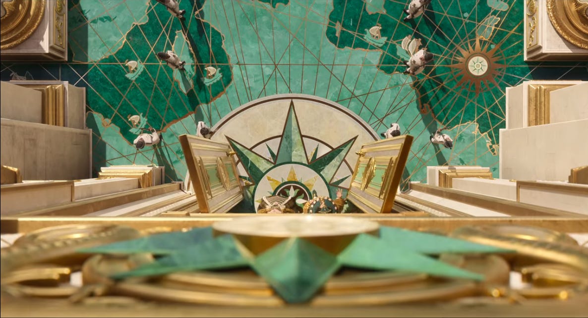 Screenshot from the movie showing an aerial view of the castle balcony, designed in bluish greens with a nautical map pattern.
