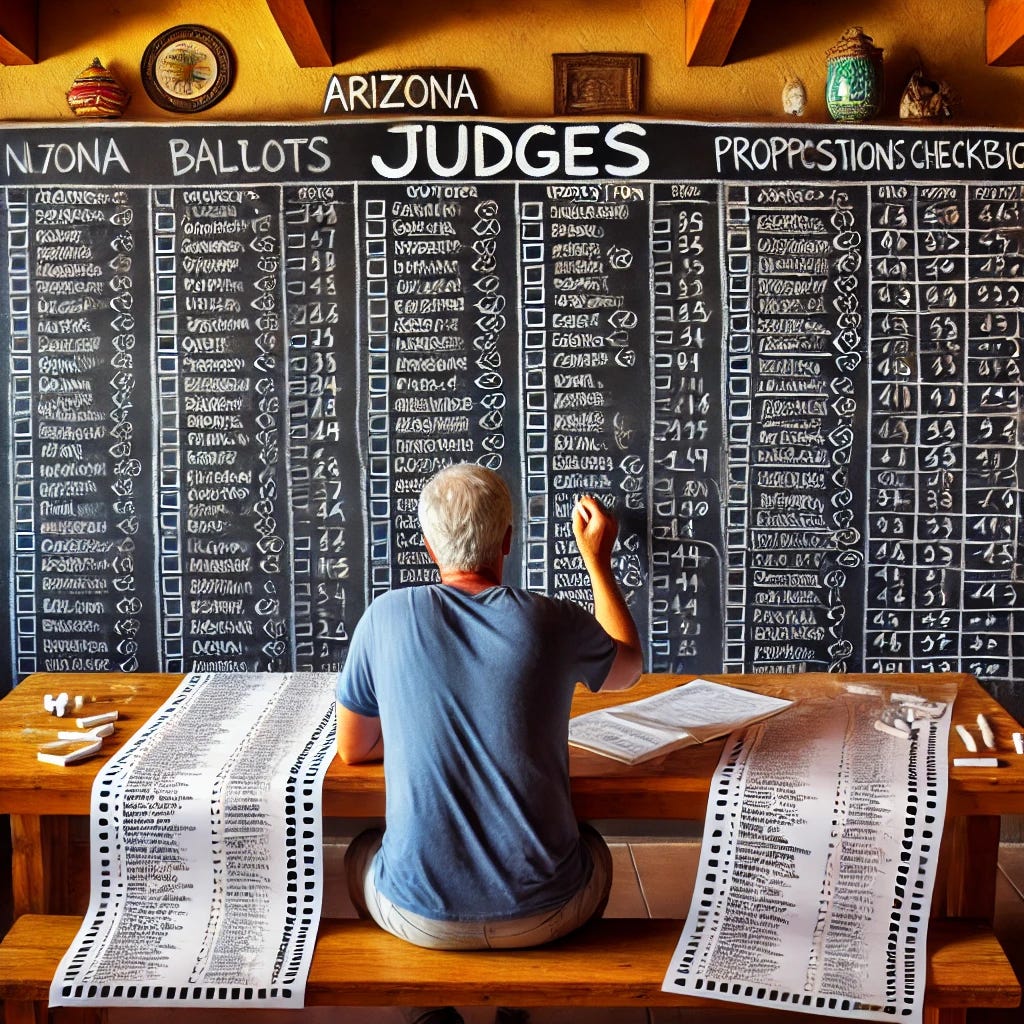 A detailed scene showing an Arizona voter sitting at a wooden kitchen table, overwhelmed by a very long ballot. The ballot is spread out in front of them with many names, propositions, and checkboxes. Next to them is a large chalkboard that says 'JUDGES' at the top in chalk. The chalkboard is filled with clear and visible math equations like addition, subtraction, or multiplication that the voter is working on to make decisions about the judges. The voter is holding a piece of chalk and intensely focusing on the equations. The setting is a sunlit room with Southwestern decor, and the atmosphere feels analytical and tense as the voter works through the complex ballot.