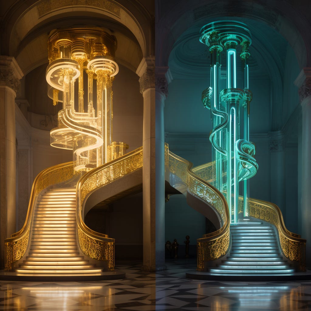 two ladders side by side, one is old and classical, made of marble and gold. The other is futuristic, with neon and circuitry