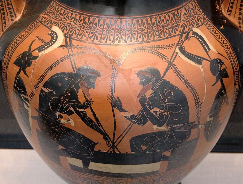 black figure vase: Achilles and Ajax playing a board game. Attic black-figure amphora, ca. 500 BC