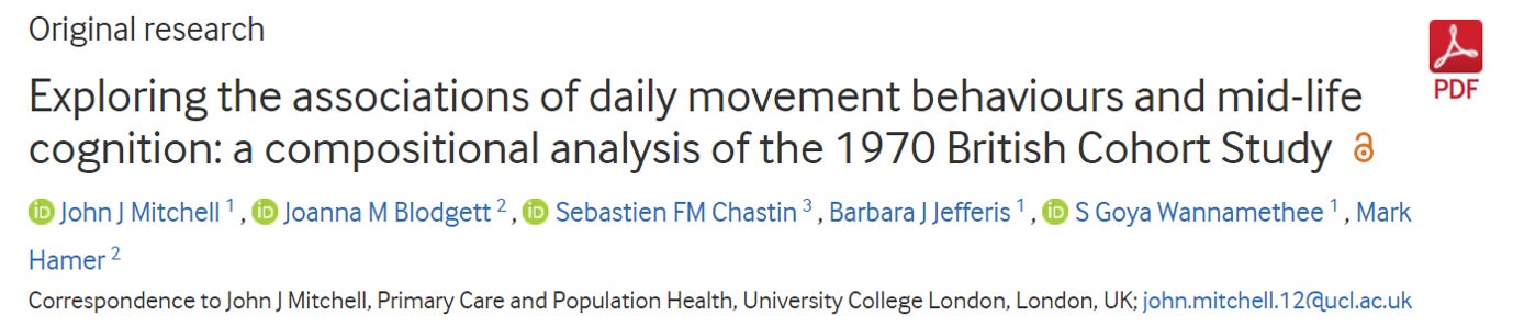Exploring the associations of daily movement behaviours and mid-life cognition: a compositional analysis of the 1970 British Cohort Study