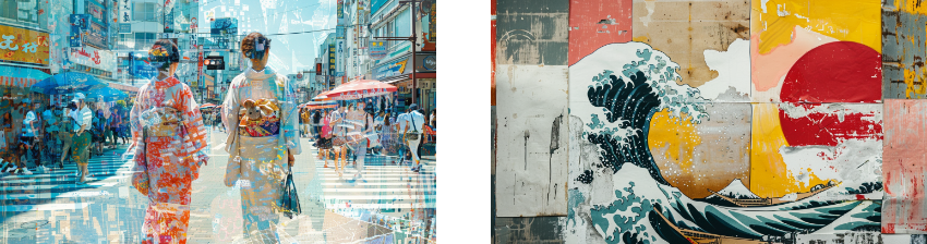 Collage of bustling urban streets with people in traditional kimonos, superimposed with layers of translucent cityscape images, contrasted with a textured art piece depicting a stylized wave in bold colors.