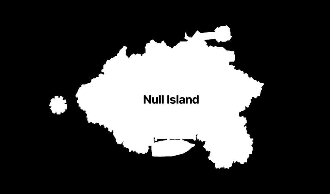 White outline of Null Island on a black background.