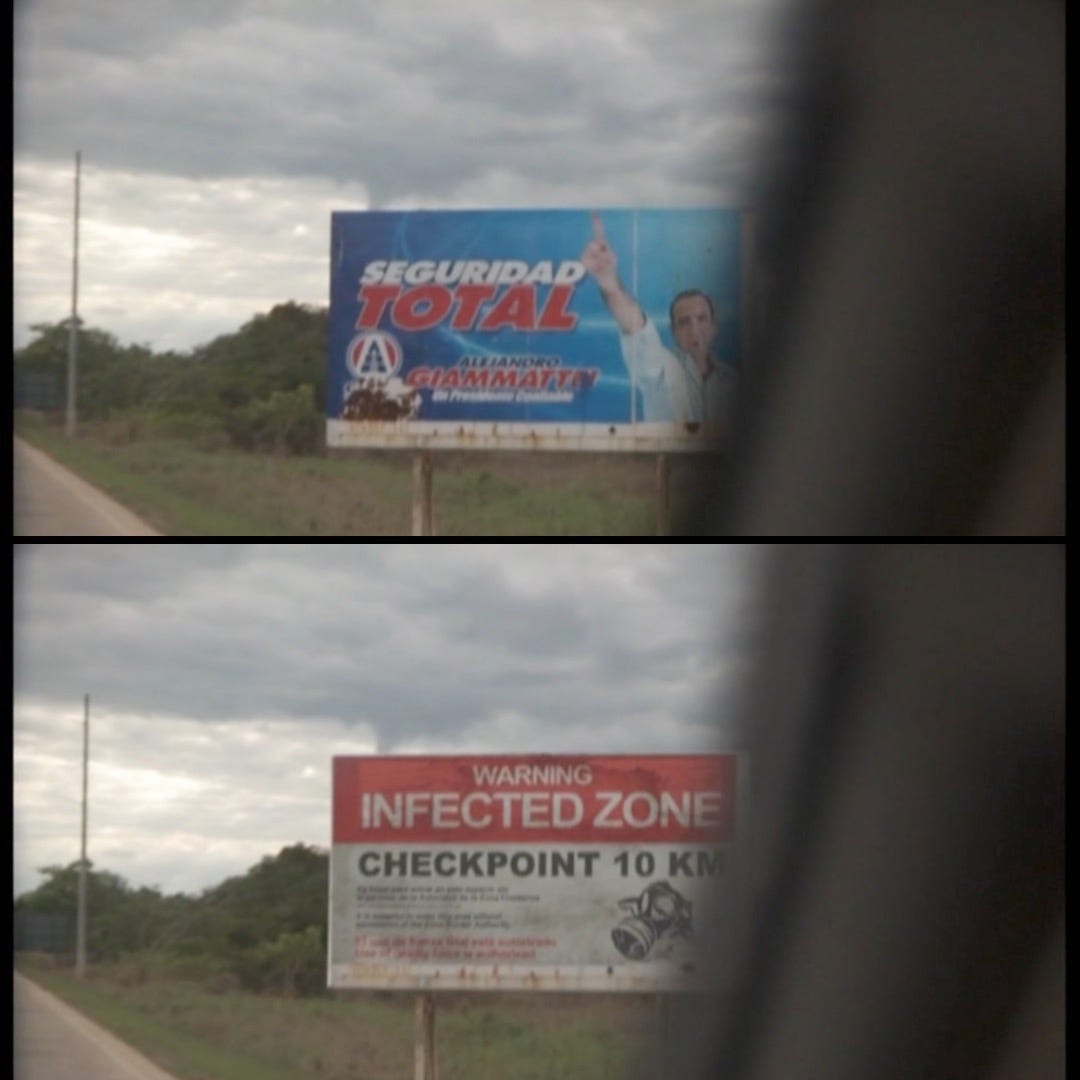 Before and after shots of a road sign being changed into an Infected Zone sign