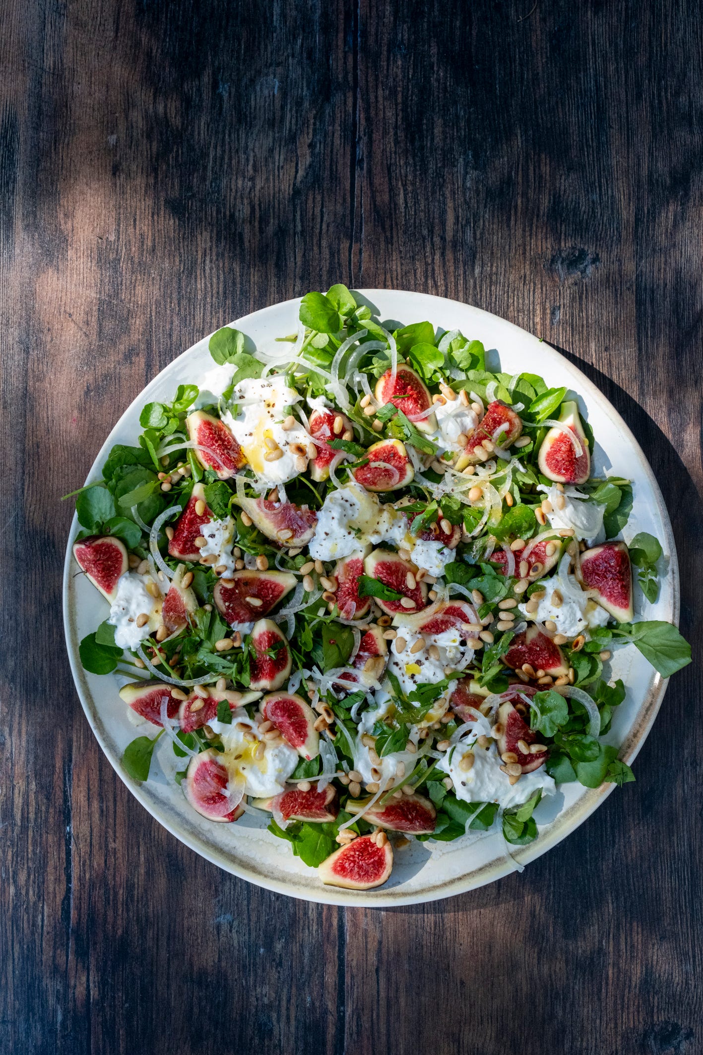 Fig, watercress and burrata salad with honey fennel dressing